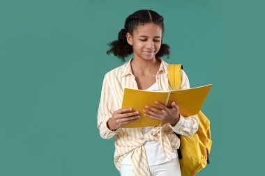 Yeşil arka planda not defteri olan Afro-Amerikalı kız öğrenci.