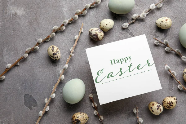 Easter Greeting Card Eggs Pussy Willow Branches Grey Background — Foto Stock