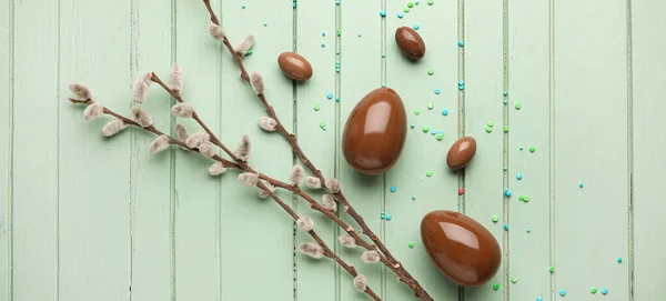 Tasty Chocolate Easter Eggs Pussy Willow Branches Wooden Background — 스톡 사진