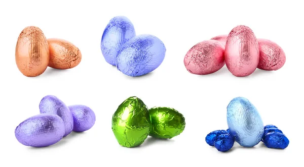 Conjunto Coloridos Huevos Pascua Chocolate Aislados Blanco — Foto de Stock