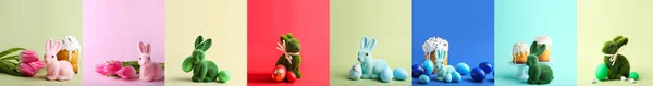 Set Coniglietti Pasquali Con Uova Fiori Torte Sullo Sfondo Colori — Foto Stock