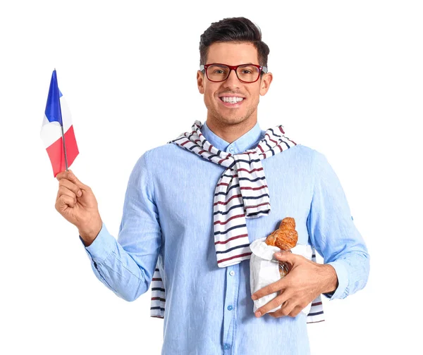 Stilig Ung Man Med Flagga Frankrike Och Croissanter Isolerade Vitt — Stockfoto