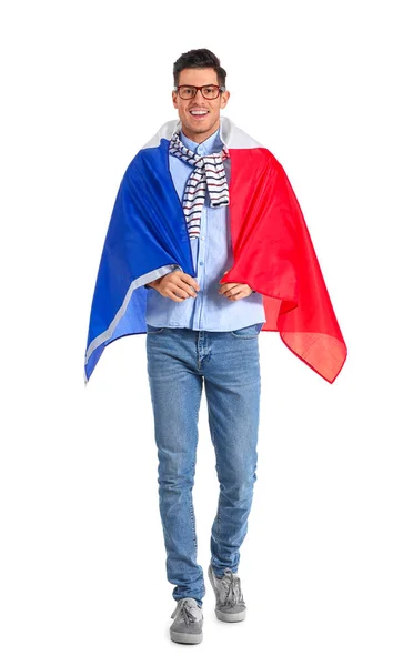 Stilig Ung Man Med Flagga Frankrike Isolerad Vit — Stockfoto