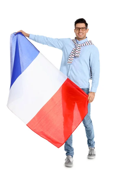 Jovem Bonito Com Bandeira França Isolado Branco — Fotografia de Stock