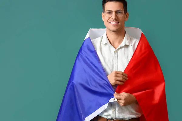 Schöner Junger Mann Mit Frankreich Fahne Auf Grünem Hintergrund — Stockfoto