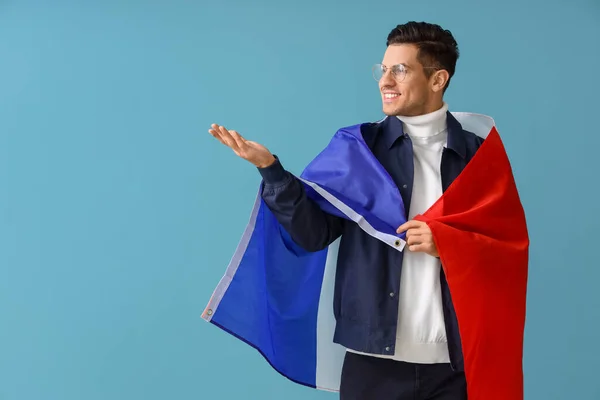 Schöner Junger Mann Mit Frankreich Fahne Die Etwas Auf Blauem — Stockfoto