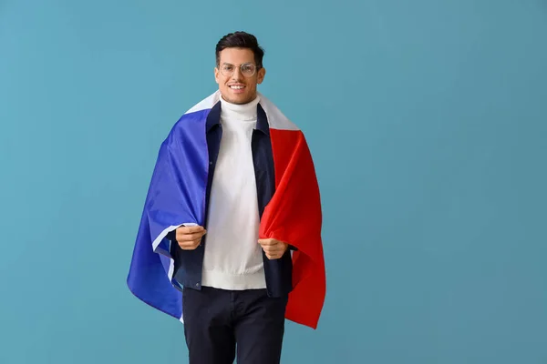 Όμορφος Νεαρός Άνδρας Σημαία Της Γαλλίας Μπλε Φόντο — Φωτογραφία Αρχείου
