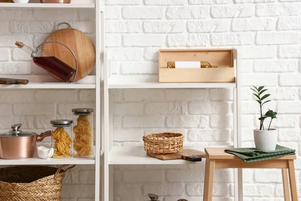 Modern Shelf Units Kitchenware Stand White Brick Wall — Stock Photo, Image