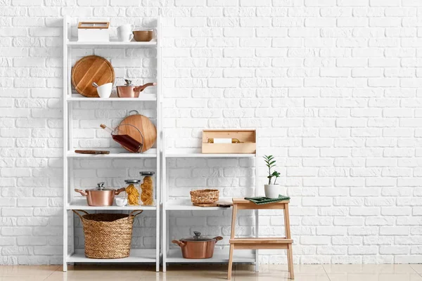 Modern Shelf Units Kitchenware Stand White Brick Wall — Stock Photo, Image