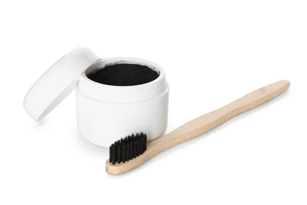 Jar Activated Charcoal Tooth Powder Toothbrush White Background — Stock Photo, Image