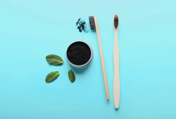 Jar Activated Charcoal Tooth Powder Toothbrushes Blue Background — Stock Photo, Image
