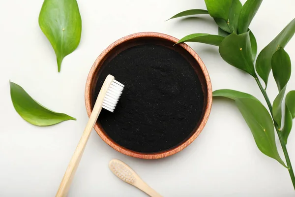 Bowl Activated Charcoal Tooth Powder Toothbrushes White Background — Stock Photo, Image