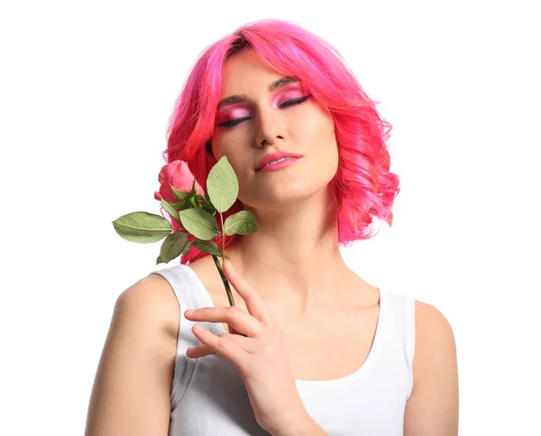 Mujer Elegante Con Pelo Brillante Flor Rosa Sobre Fondo Blanco — Foto de Stock