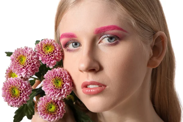Beautiful Woman Creative Makeup Holding Beautiful Flowers White Background — Stock Photo, Image