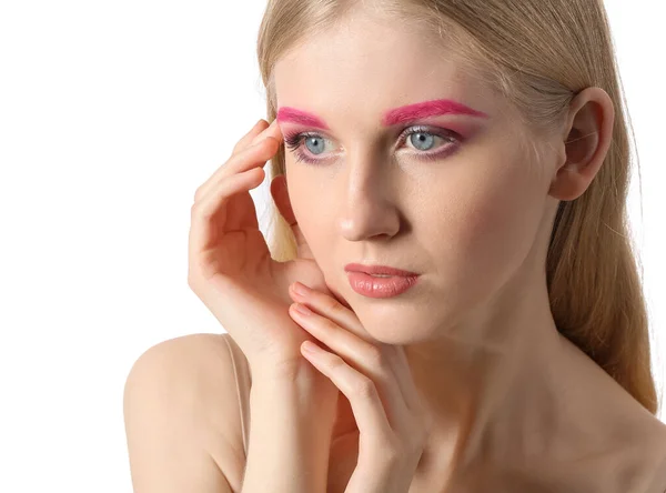 Ung Kvinna Med Kreativ Makeup Tittar Sidan Vit Bakgrund — Stockfoto