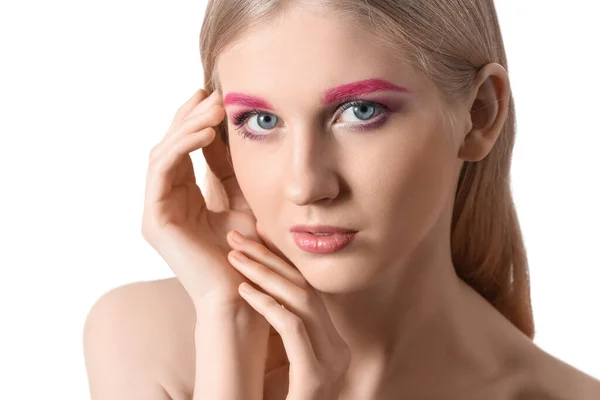 Mujer Joven Con Maquillaje Creativo Sobre Fondo Blanco — Foto de Stock