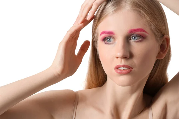 Vacker Kvinna Med Kreativ Makeup Tittar Sidan Vit Bakgrund — Stockfoto