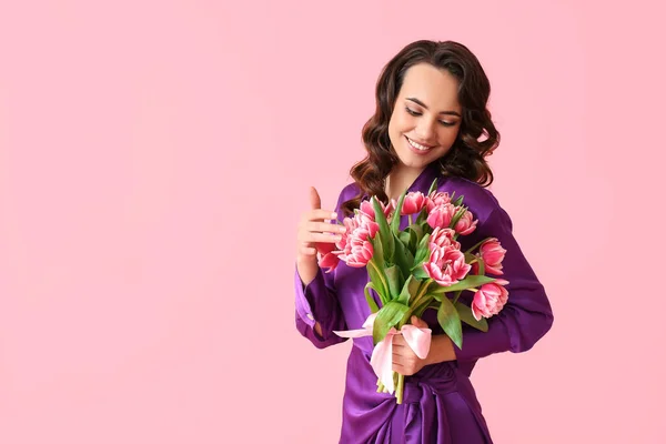 Smiling Young Woman Bouquet Tulips Pink Background International Women Day — Stock Photo, Image