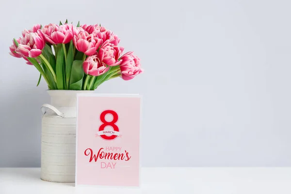 Beautiful Bouquet Fresh Flowers Greeting Card Table Room International Women — Stock Photo, Image