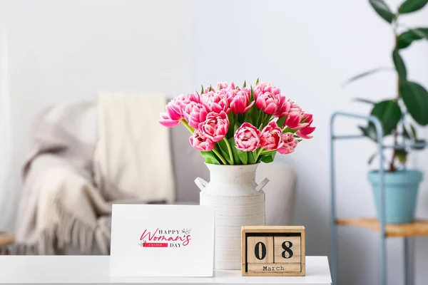Beautiful Bouquet Fresh Flowers Greeting Card Calendar Table Room International — Stock Photo, Image