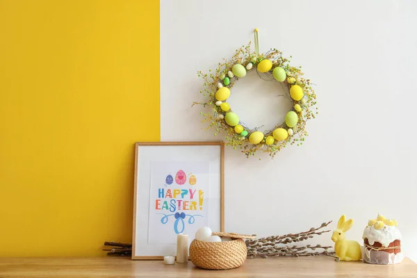 Pussy Willow Branches Easter Eggs Cake Frame Greeting Card Wall — Stock Fotó