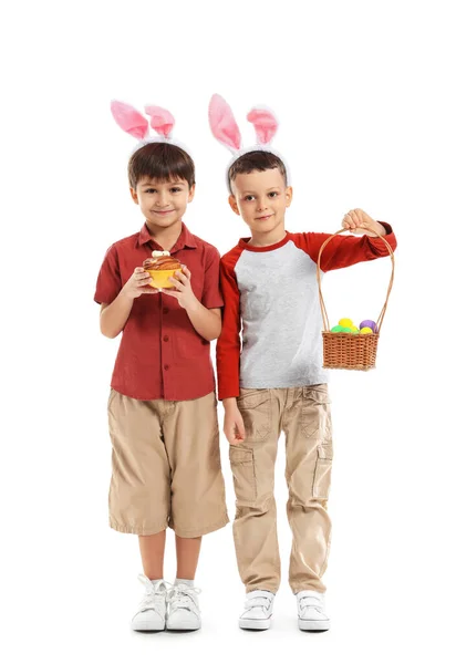 Cute Little Boys Bunny Ears Easter Basket Cake White Background — Stock Photo, Image