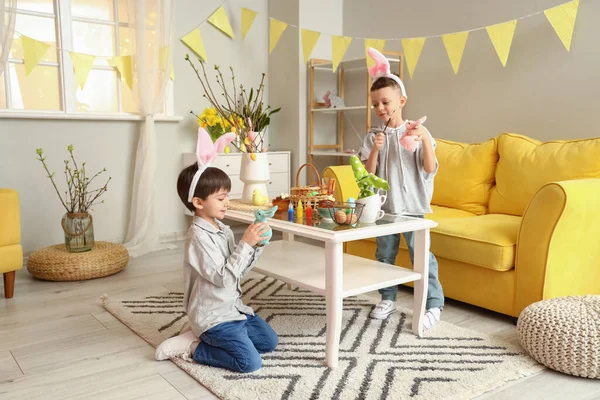 Cute Little Boys Bunny Ears Painting Easter Eggs Home — Stock Photo, Image