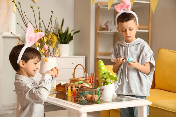 Cute Little Boys Bunny Ears Painting Easter Eggs Home — Stock Photo, Image