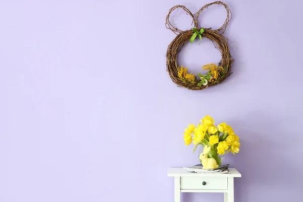 Table Magazines Tulips Beautiful Easter Decor Color Wall — Stock Photo, Image