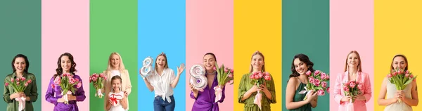 背景に図8の形をした花や風船の花束を持つ女性のグループ 国際女性デーのお祝い — ストック写真