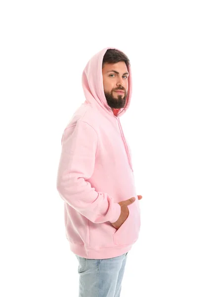 Knappe Man Roze Hoodie Witte Achtergrond — Stockfoto
