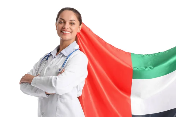 Ärztin Mit Fahne Der Vae Auf Weißem Hintergrund — Stockfoto