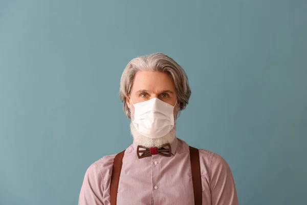 Bearded Senior Man Medical Mask Grey Background Closeup — Stock Photo, Image