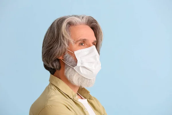 Senior Man Medical Mask Blue Background — Stock Photo, Image