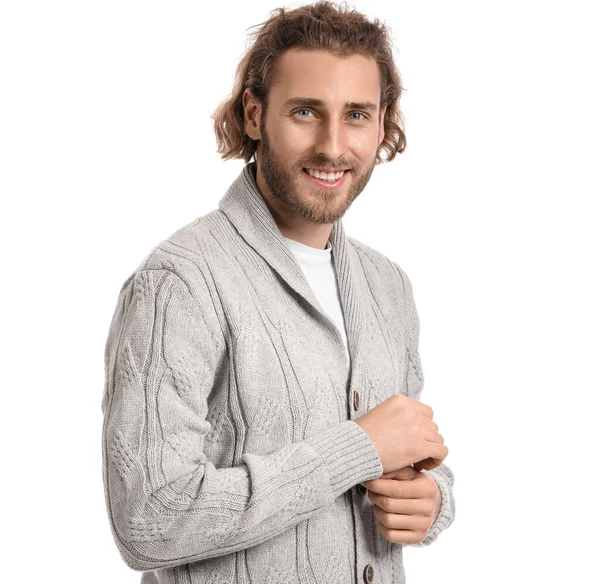 Handsome Young Man Knitted Sweater White Background — Stock Photo, Image