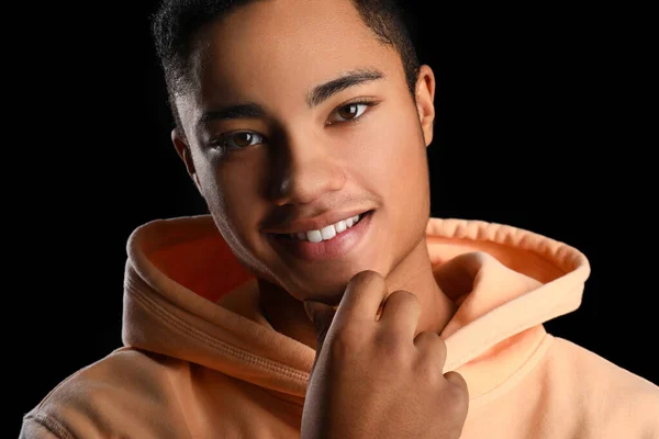 African American Teenage Boy Hoodie Smiling Black Background Closeup — Stock Photo, Image