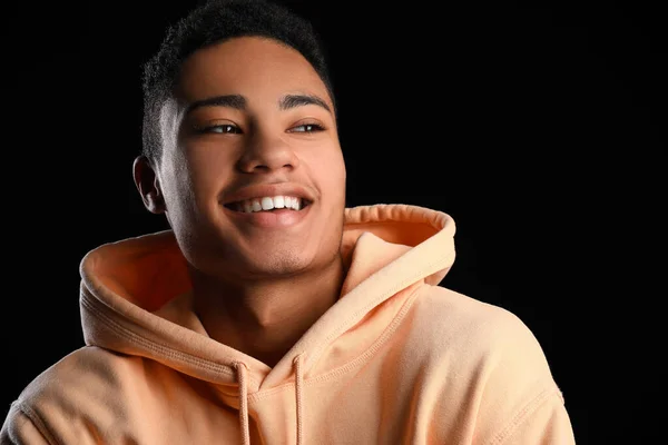 African American Teenage Boy Hoodie Smiling Black Background Closeup — Stock Photo, Image