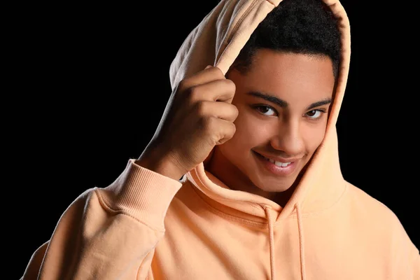 African American Teenage Boy Hoodie Smiling Black Background Closeup — Stock Photo, Image