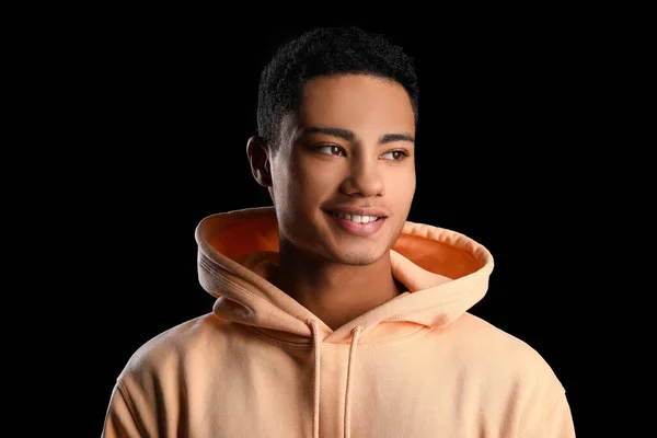 African American Teenage Boy Hoodie Smiling Black Background — Stock Photo, Image