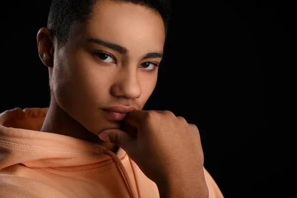 Portrait African American Teenage Boy Hoodie Black Background Closeup — Stock Photo, Image