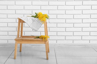 Güzel mimoza dalı basamakta, odada, tuğla duvarın yanında.