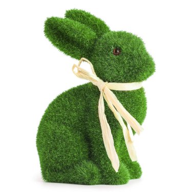 Beyaz arka planda izole edilmiş şirin yeşil Paskalya tavşanı.