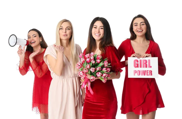 Красиві Жінки Квітами Мегафоном Тримають Папір Текстом Girl Power Білому — стокове фото