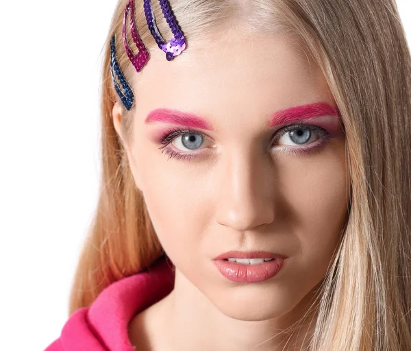 Retrato Mujer Con Elegantes Accesorios Para Cabello Maquillaje Creativo Sobre —  Fotos de Stock