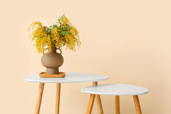 Vase Mimosa Flowers Table Beige Wall — Stock Photo, Image