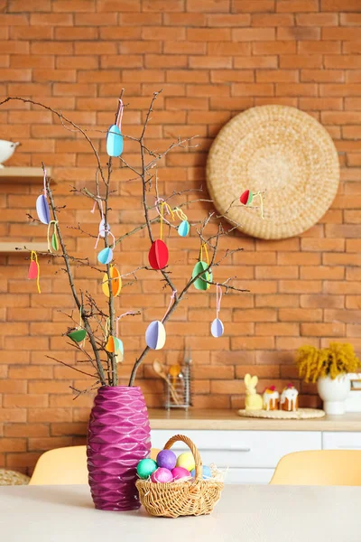 Vase Tree Branches Basket Easter Eggs Table Stylish Room — Stock Photo, Image