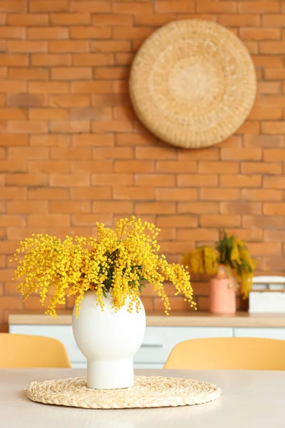 Vase Beautiful Mimosa Flowers Dining Table Kitchen International Women Day — Stock Photo, Image