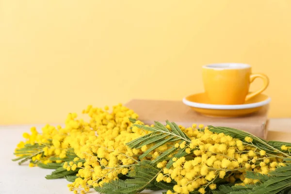 Belos Ramos Mimosa Xícara Café Livros Mesa Close — Fotografia de Stock