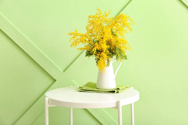 Vase Beautiful Mimosa Branches Table Color Wall Room — Stock Photo, Image