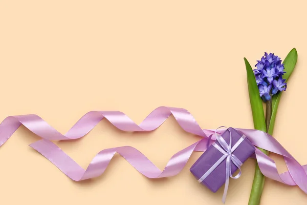 Composition Ribbon Flowers Gift Box International Women Day Celebration Beige — Stock Photo, Image